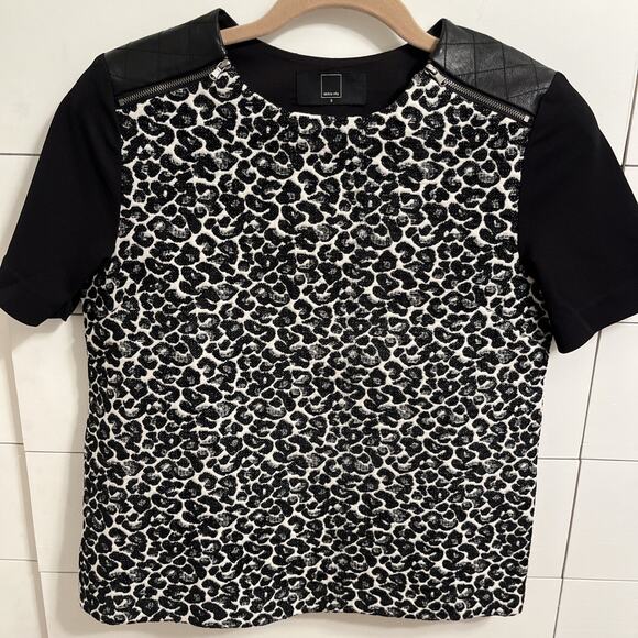 Dolce Vita Blouse Top Leather Shoulder Leopard Print Black Women's Size Small - Picture 1 of 10